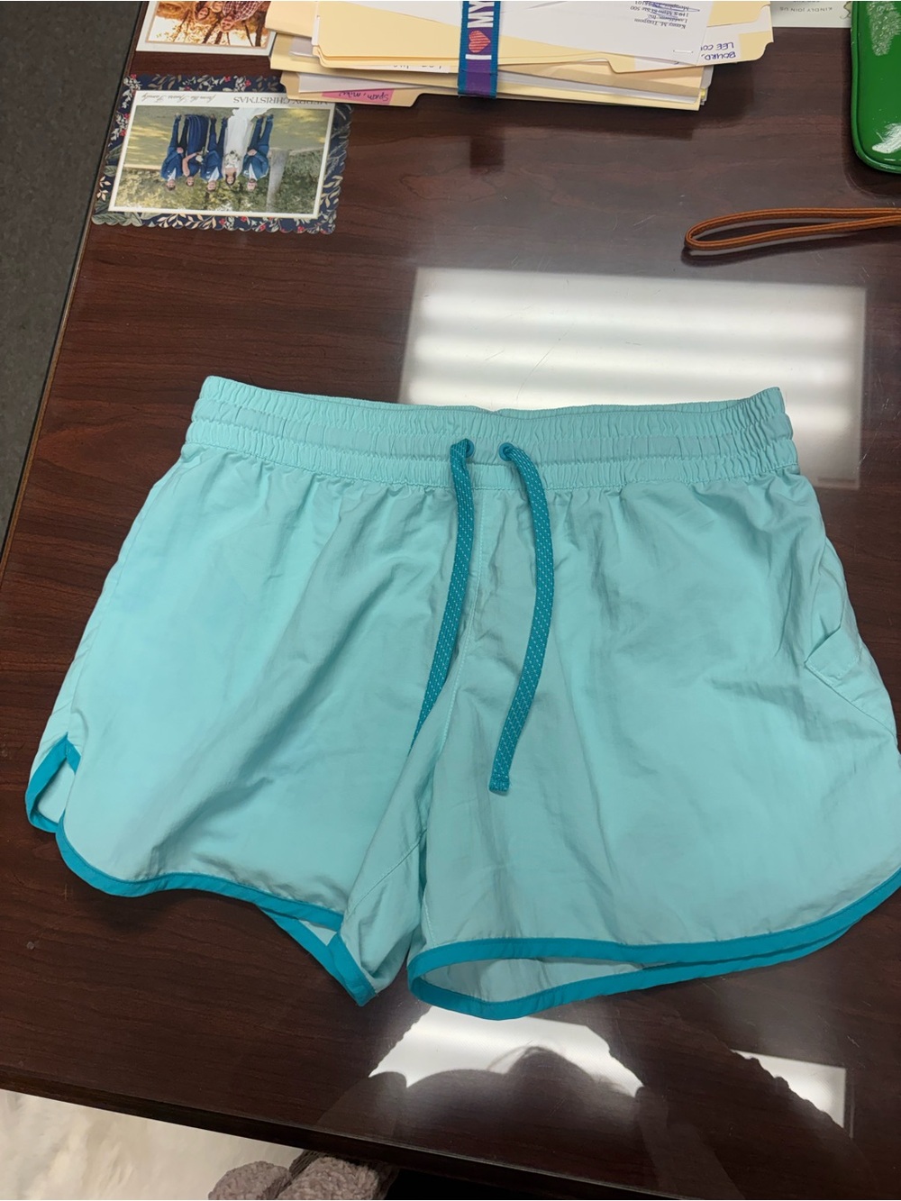 Women’s Columbia Light Aqua Drawstring Athletic Shorts. No lining. Size M